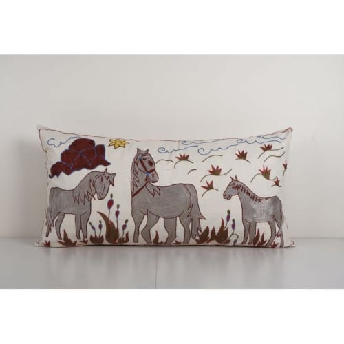 Uzbek Extra Long Horse Suzani Bed Cushion Cover with Animal | Pillows by Vintage Pillows Store