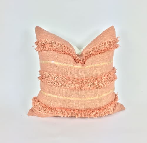 Peach fringe pillow // fringed cushion // peach tassel pillo | Pillows by velvet + linen