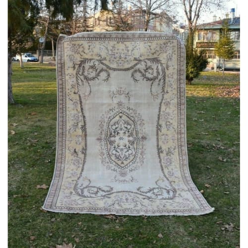 Distressed Turkish Sparta Rug With Floral Design 5'6" X 8'12 | Area Rug in Rugs by Vintage Pillows Store. Item composed of cotton and fiber