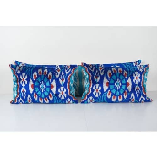 Blue Ikat Velvet Pillow, Silk Uzbek Long Lumbar Cushion Cove | Pillows by Vintage Pillows Store