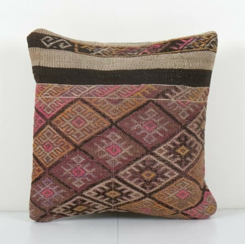 Square Handwoven Kilim Pillow, Organic Bohemian Home Decor | Sham in Linens & Bedding by Vintage Pillows Store. Item composed of cotton and fiber