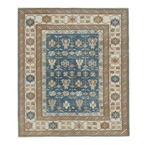 Handknotted Square Blue Wool Turkish Kars Rug 5.4 x 6.3 Ft | Area Rug in Rugs by Vintage Pillows Store. Item made of wool with fiber