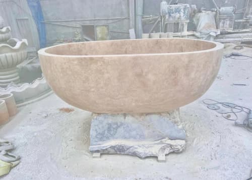 Handmade Light Travertine Bathtub – Modern Stone Soaking Tub | Water Fixtures by AEGEAN MARBLE ARTISAN ATELIER