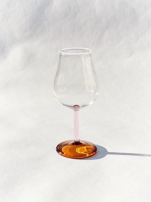 Hand Blown Tall Wine Glass in Pink/Amber | Drinkware by Barton Croft. Item made of glass works with country & farmhouse & japandi style
