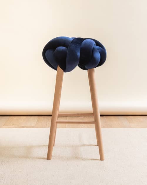 Midnight Blue Velvet Knot Bar Stool | Chairs by Knots Studio. Item composed of wood and fabric