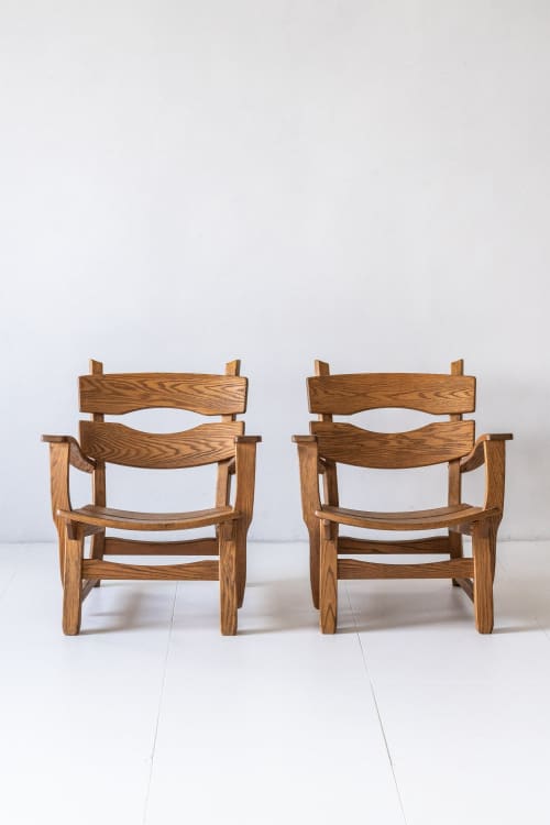 Pair Brutalist Oak Lounge Chairs by Dittman and Co. | Accent Chair in Chairs by District Loo