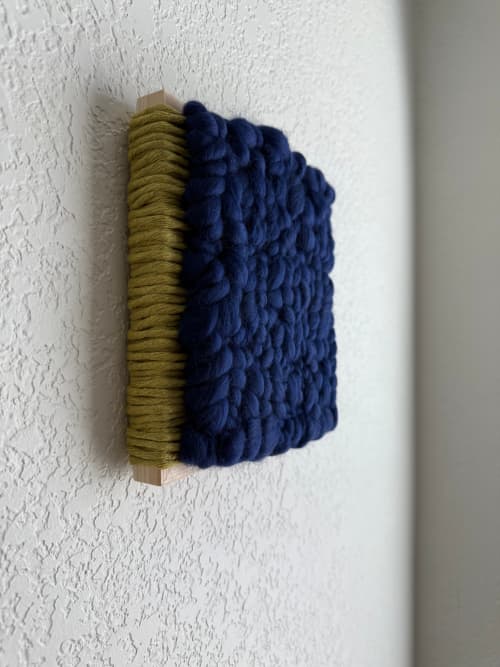 Woven Tile- Fluff- Lime Green and Indigo | Wall Sculpture in Wall Hangings by Mpwovenn Fiber Art by Mindy Pantuso