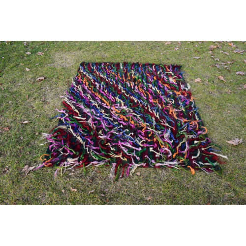 Vintage Colorful Wool Turkish Shaggy Tulu Rug 4'7" X 5'5" | Area Rug in Rugs by Vintage Pillows Store. Item composed of cotton