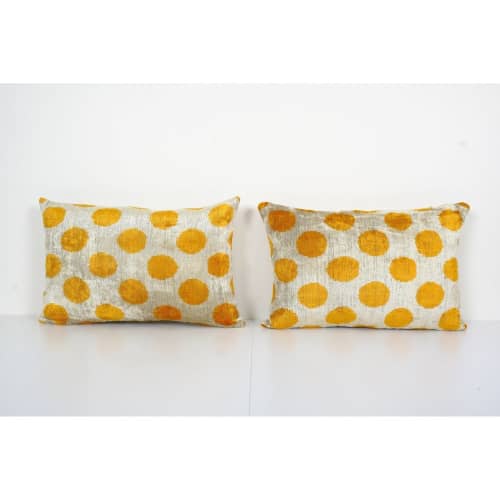 Yellow Silk Ikat Velvet Pillow Cover, Pair Polka Dot Ikat | Sham in Linens & Bedding by Vintage Pillows Store. Item composed of cotton