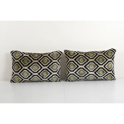 Set of Two Sea Green Ikat Velvet Pillow, Pair Silk Lumbar | Cushion in Pillows by Vintage Pillows Store. Item made of cotton