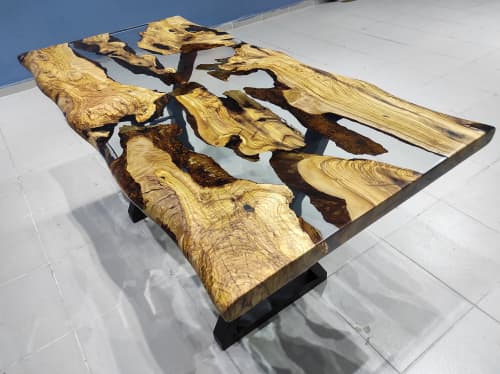 Olive Clear Epoxy Resin Dining Table - Live Edge Resin Table | Tables by LuxuryEpoxyFurniture. Item made of wood with synthetic
