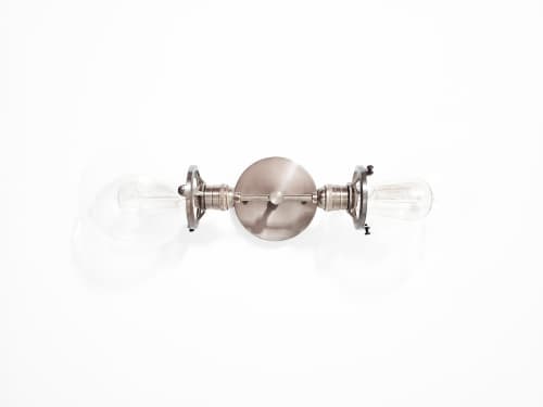 2-Arm Modern Antique Brass Wall Sconce Clear Glass Orbs | Sconces by Retro Steam Works. Item composed of metal in industrial style