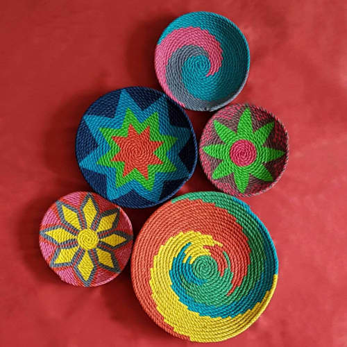 Set of 5 Wicker Round Bowl Wall Plates | Ornament in Decorative Objects by Sarmal Design. Item composed of cotton & synthetic compatible with boho and contemporary style