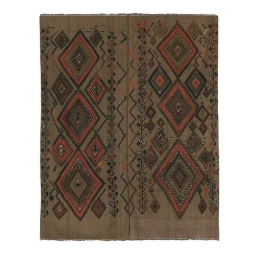 1980s Vintage Turkish Kilim Flat Weave Area Rug 5'3'' x 6'1' | Rugs by Vintage Pillows Store. Item composed of cotton and fiber