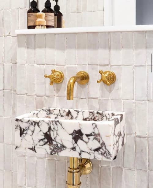 Handcrafted Calacatta Viola Marble Vessel Sink - Wall Hung, Square | Water Fixtures by AEGEAN MARBLE ARTISAN ATELIER