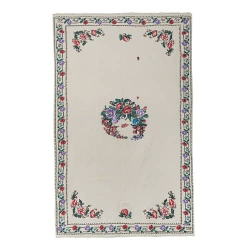 Handwoven Floral Pattern Needlepoint Kilim Rug, Wall Hanging | Area Rug in Rugs by Vintage Pillows Store. Item made of wool & fiber