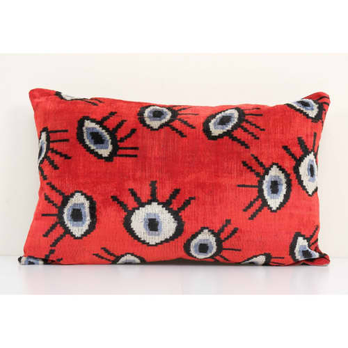 16" x 24" Ikat Eye Red Pillow Pillow Cover - Silk Ethnic | Sham in Linens & Bedding by Vintage Pillows Store. Item made of cotton