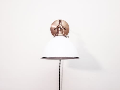 Swing Arm Bedside Reading Wall Light - Antique Brass & White | Sconces by Retro Steam Works. Item made of fabric with brass works with mid century modern style