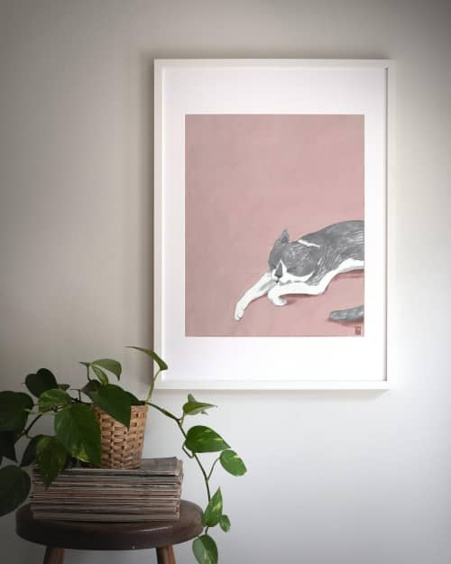 Sleeping Grey Tuxedo Cat Art Print, Calm Nursery Wall Art | Prints in Paintings by The Ugly Cat Studio