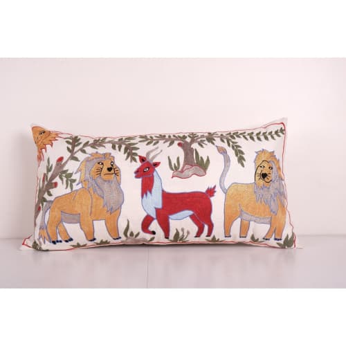 Animal Motif Suzani Bedding Pillow, Vintage Embroidered Text | Cushion in Pillows by Vintage Pillows Store