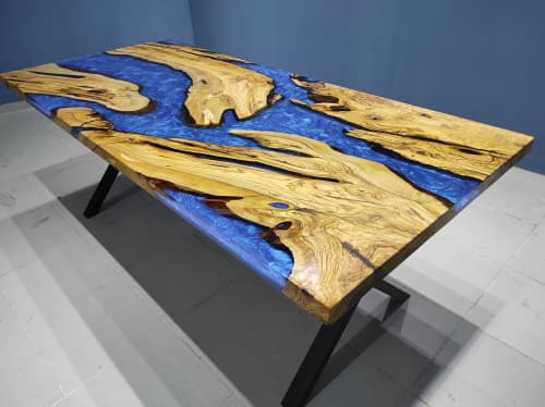 Custom Olive Wood Blue Epoxy Dining Table, Dining Room Table | Tables by LuxuryEpoxyFurniture. Item composed of wood & synthetic