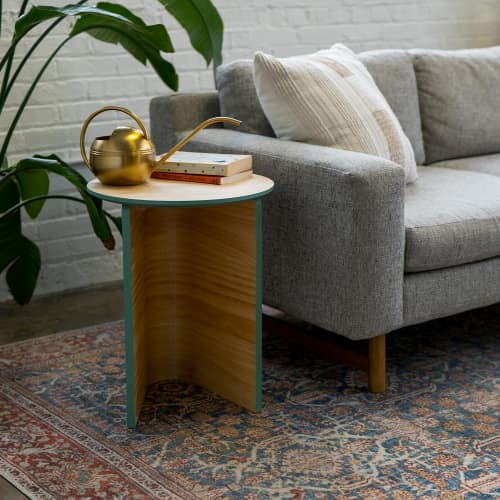 Handmade Round Pine Side Table: Modern Accent Table | Tables by Spacecraft Furnishing. Item composed of wood in contemporary or art deco style