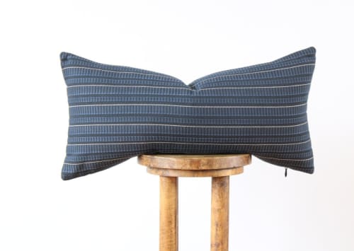 Navy Linen with Blue Stripe Embroidered Pattern Pillow 14x28 | Pillows by Vantage Design