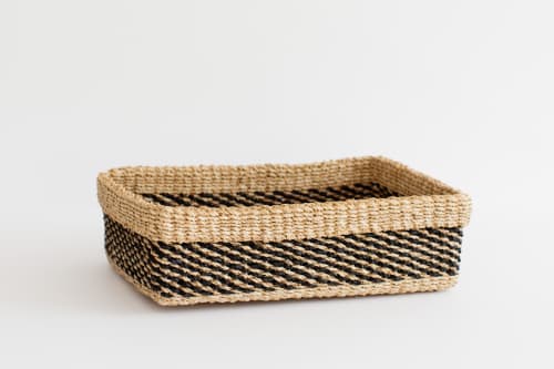 Woven Catchall Storage Tray | Stripe Noir | Decorative Tray in Decorative Objects by NEEPA HUT. Item made of fiber
