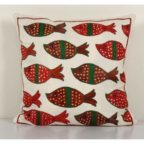 Cotton Handmade Suzani Pillowcase, Needlepoint Fish Uzbek | Sham in Linens & Bedding by Vintage Pillows Store. Item made of cotton