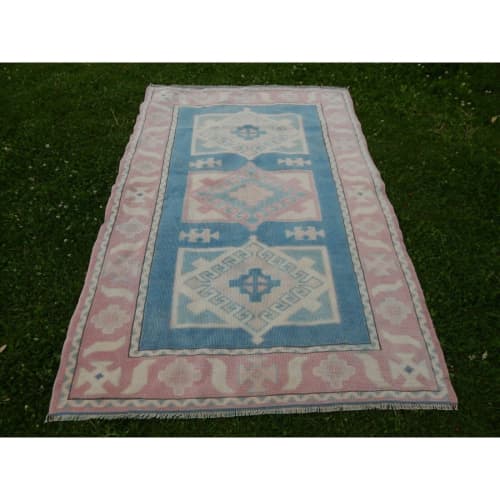 Vintage Turkish Kars Rug With Rich Border - Dining Room | Area Rug in Rugs by Vintage Pillows Store. Item composed of cotton and fiber