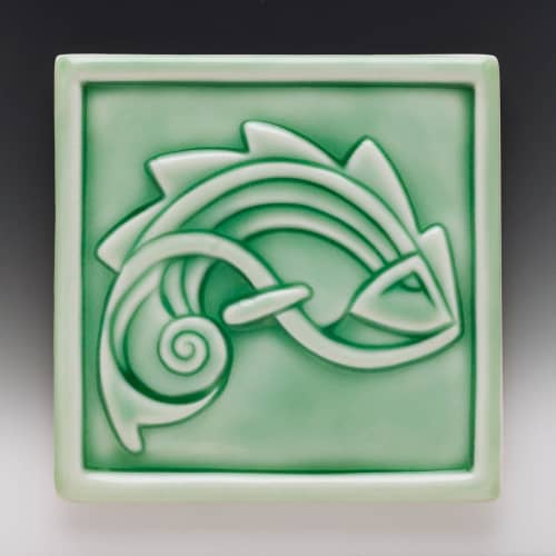 Leaping Fish Tile | Tiles by Lynne Meade. Item made of ceramic