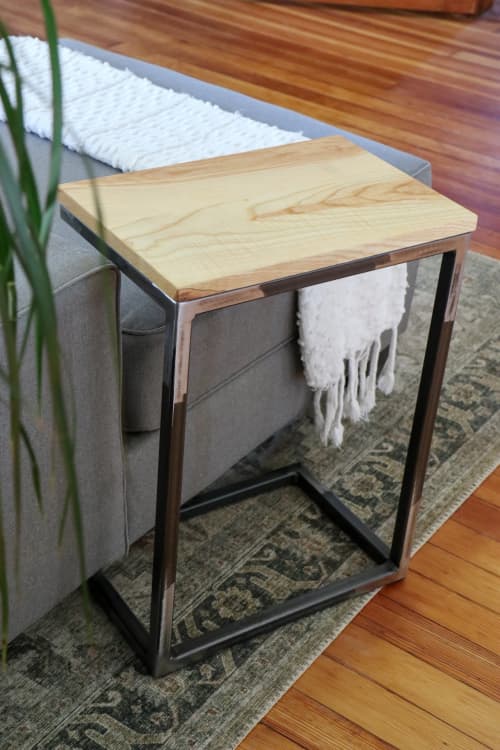 Ash Wood C-table with Raw Steel Metal Base | End Table in Tables by Hazel Oak Farms. Item made of wood & metal