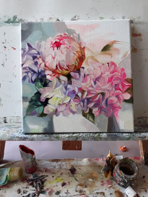 Peony Hydrangea oil painting canvas original art, Pink | Oil And Acrylic Painting in Paintings by Natart. Item made of canvas with synthetic works with contemporary style