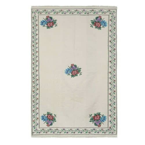 Handwoven Floral Pattern Needlepoint Turkish Kilim Rug, Wall | Area Rug in Rugs by Vintage Pillows Store. Item composed of cotton and fiber