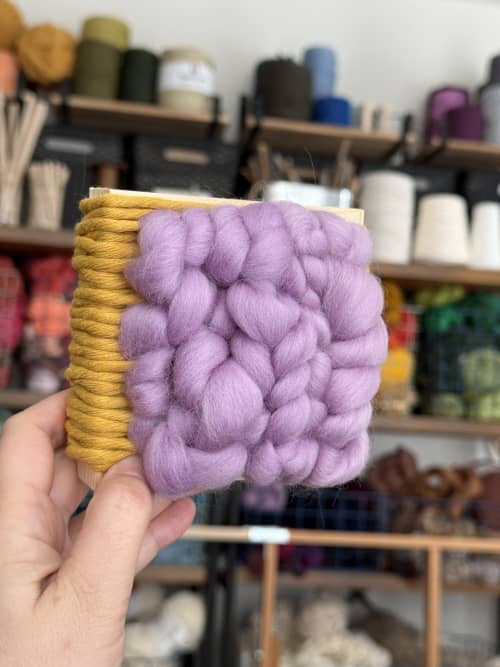 Mini Woven Tile - Mustard and Purple | Wall Sculpture in Wall Hangings by Mpwovenn Fiber Art by Mindy Pantuso