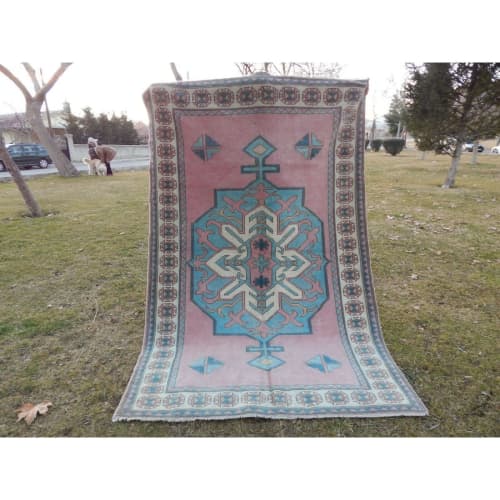 Vintage Turkish Blue Color Oushak Rug, Living Room Rug | Area Rug in Rugs by Vintage Pillows Store. Item composed of cotton & fiber