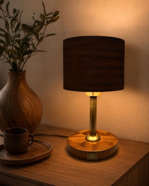 Nightstand Lamp, Bedside Light, Handmade Wood Table Lamp, Geometric Marquetry, Statement Home Decor | Lamps by Vesta Corte