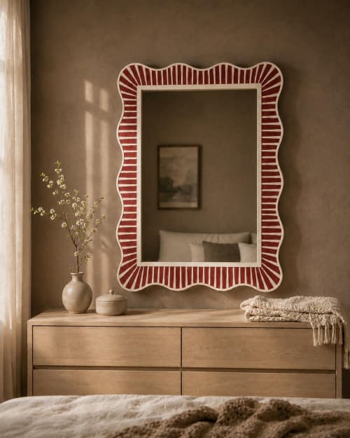 Bone Inlay Mirror, Scalloped Wavy Vanity Mirror for Bathroom & Bedroom | Decorative Objects by IKKAZA