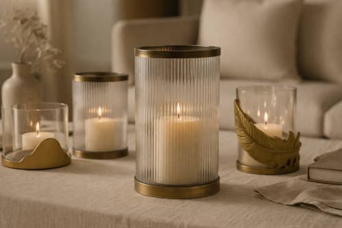 Vetra Ribbed Hurricane Candle Holder — Antique Brass Finish | Decorative Objects by Raíz Studio