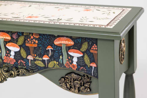 One-of-a-Kind Hand-Painted Woodland Console Table, Green Finish with Mushroom Motif | Tables by Birds and Gardens Inc. Item composed of birch wood compatible with mid century modern and eclectic & maximalism style