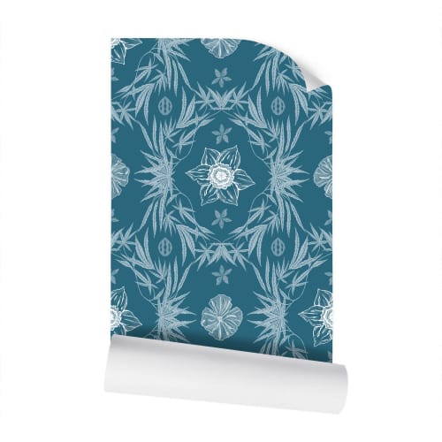 IVI Poppy Daisies & Cannabis Leaves Blue Green White | Wallpaper in Wall Treatments by Sean Martorana. Item composed of paper