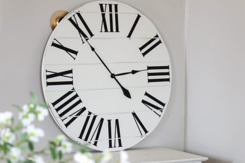 36" White Farmhouse Clock, Slightly Distressed | Ornament in Decorative Objects by Hazel Oak Farms. Item made of wood