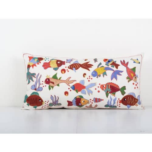 Suzani Fish Pillow, Embroidery Long Bedding Pillow, Fish Pat | Cushion in Pillows by Vintage Pillows Store