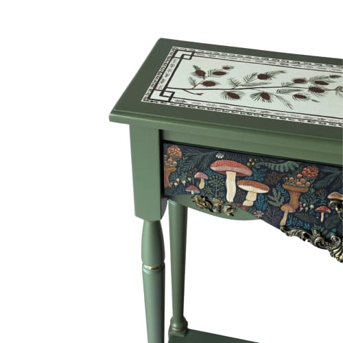 Hand-Painted Whimsical Botanical Console Table, Forest Mushroom Design | Tables by Birds and Gardens Inc. Item made of maple wood compatible with mid century modern and country & farmhouse style