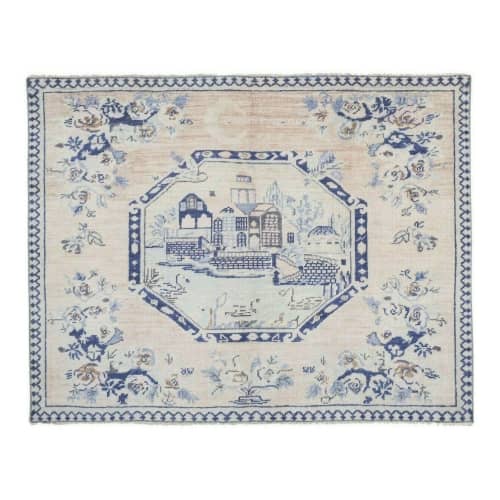 Vintage Pastel Village Pictorial Turkish Rug 4'11" X 6'5" | Area Rug in Rugs by Vintage Pillows Store. Item composed of cotton and fiber