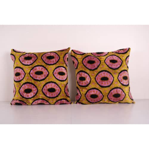Silk Ikat Velvet Bronze Pillow Cover, Matching Pink Ikat Pil | Cushion in Pillows by Vintage Pillows Store