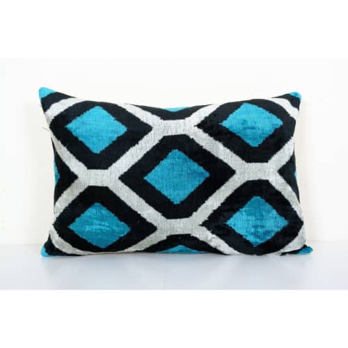 16" x 24" Ikat Pillow, Turquoise Blue Silk Velvet Pillow Cov | Sham in Linens & Bedding by Vintage Pillows Store. Item made of cotton