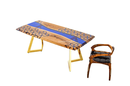 Honeycomb Epoxy Table - Blue Resin Table - River Table | Dining Table in Tables by Tinella Wood. Item composed of walnut and synthetic in contemporary or art deco style