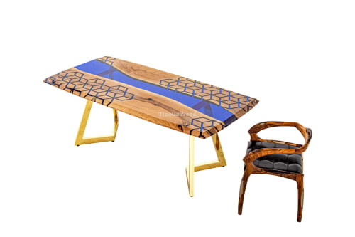 Honeycomb Epoxy Table - Blue Resin Table - River Table | Dining Table in Tables by Tinella Collection. Item composed of walnut and synthetic in contemporary or art deco style