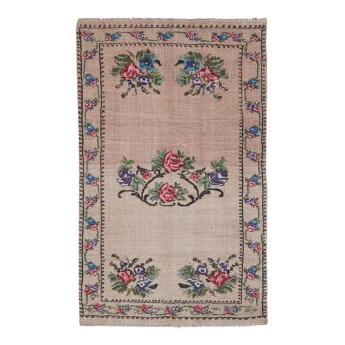 Handwoven Floral Needlepoint Embroided Kilim Rug - Turkish | Area Rug in Rugs by Vintage Pillows Store. Item composed of wool and fiber